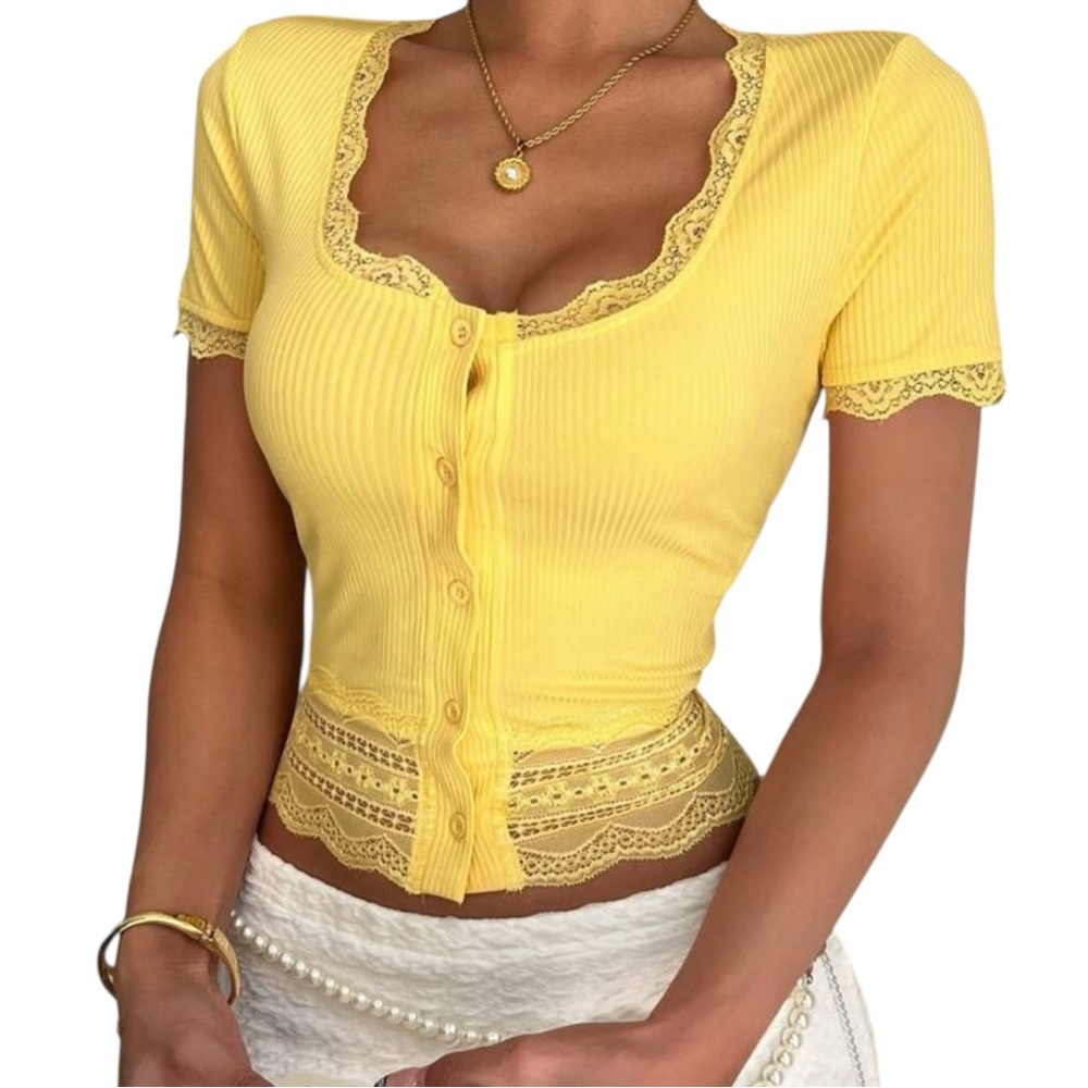 Yellow Lace-Trim Ribbed Crop Top - Picture 8 of 8